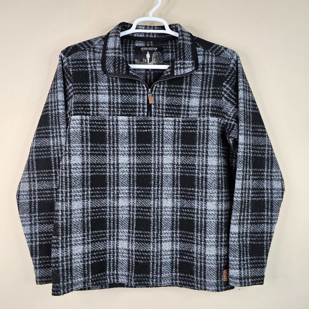 John Wayne Sweater Mens Medium Black Gray Plaid 1/4 Zip Pullover Stock & Supply